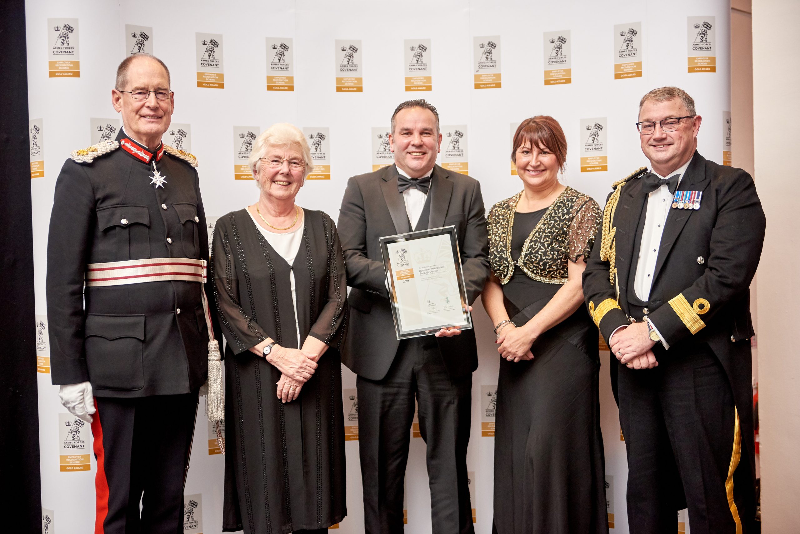 HM Lord-Lieutenant of West Yorkshire Ed Anderson with award winners from Doncaster Council and Commodore Phil Waterhouse
