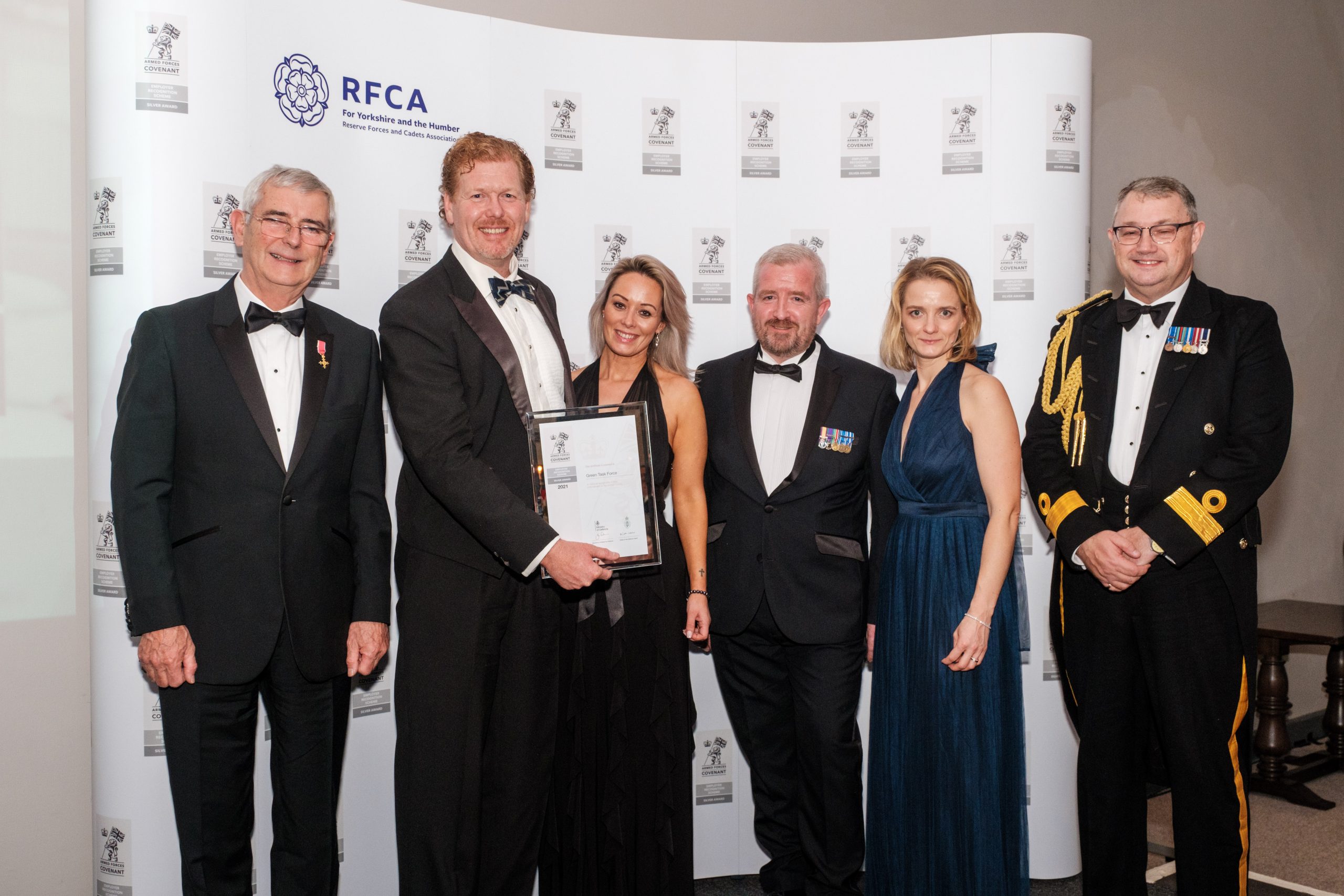 HM Lord-Lieutenant of the East Riding of Yorkshire Jim Dick with award winners from Green Task Forces Andrew Steel, Gail Acaster, Paul Sykes and Rasa Sykes with Commodore Phil Waterhous