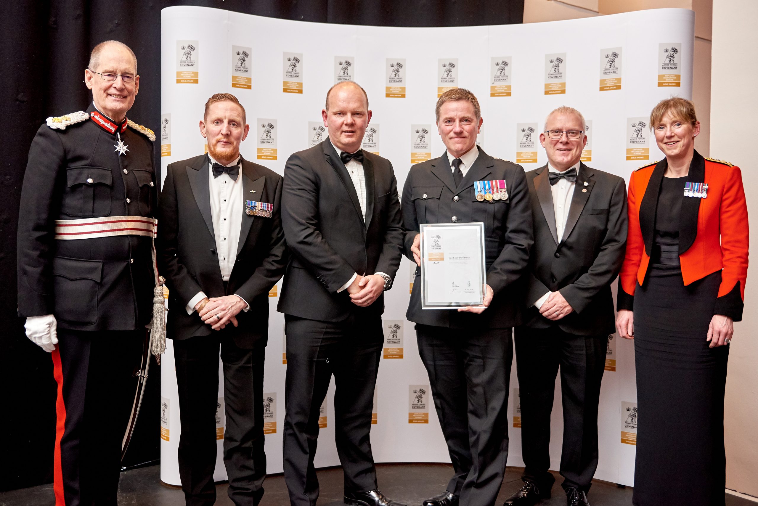 HM Lord-Lieutenant of West Yorkshire Ed Anderson with award winners from South Yorkshire Police and Colonel Lisa Brooks