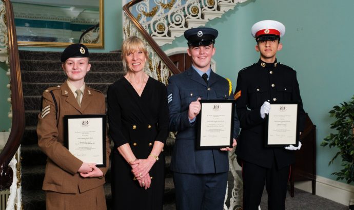 South Yorks Lord-Lieutenant cadets Niamh Hyatt, Spencer Cavell and Salahudeen Hussain with the new Lord-Lieutenant of South Yorkshire, Dame Hilary Chapman