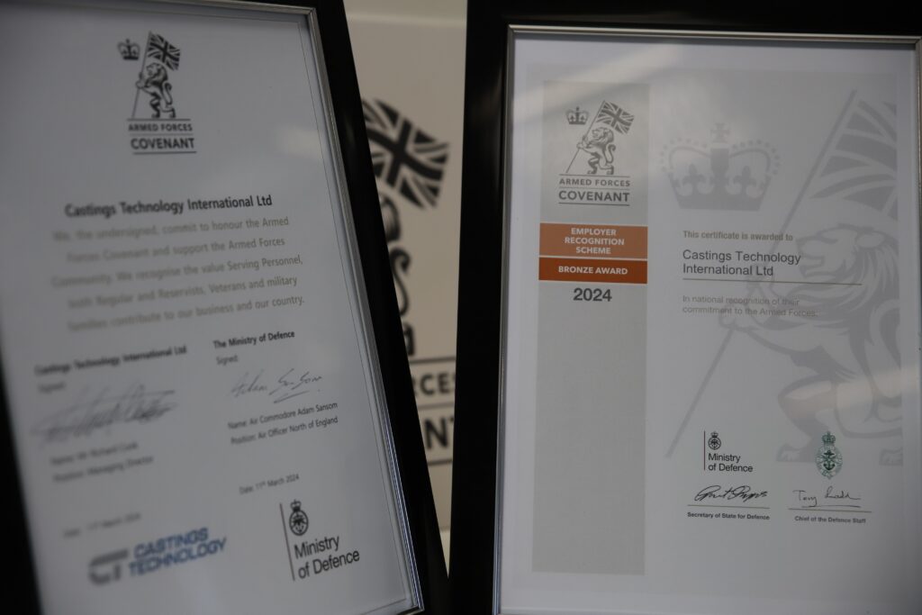 two certificates side by side, one is for the Armed Forces Covenant, the other ERS Bronze award