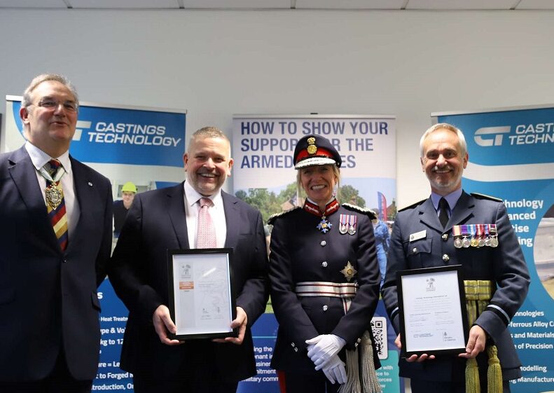 Charles Turner, Richard Cook, Professor Dame Hilary Chapman and Air Commodore Adam Sansom pose for a photo with the two certificates in hand