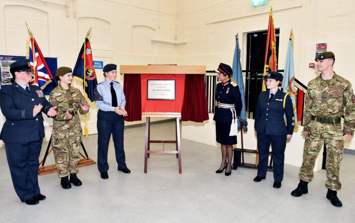 Pictured are three cadets and two adult volunteers with the Lord-Lieutenant of North Yorkshire Jo Ropner. The plaque commemorating the opening is in the centre