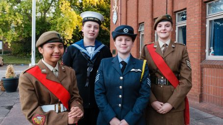 Four female cadets, one army, one sea cadet, one air cadet and another army cadet