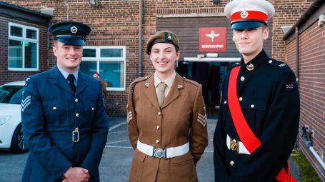 Three Lord-Lieutenant Cadets, Air cadet Harvey Varazinskis, CCF cadet Florence Shaw, Royal Marine cadets Reuben Hughes