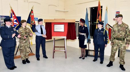 Pictured are three cadets and two adult volunteers with the Lord-Lieutenant of North Yorkshire Jo Ropner. The plaque commemorating the opening is in the centre