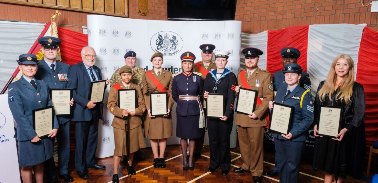 Group photo of all the North Yorks award winners with HM Lord-Lieutenant of north Yorkshire, Johanna Ropner