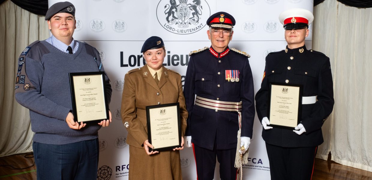 East Riding of Yorkshire Lord-Lieutenant cadets Callum McGrath, Annie Fairburn and Oliver Reid with the Lord-Lieutenant of the East Riding of Yorkshire, Jim Dick OBE