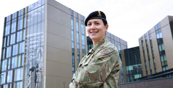 Reservist Helen Haigh outside building in Leeds she helped to manage
