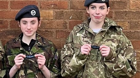 Air cadets Emily Richards and Katie Ashford with their blue gliding wings